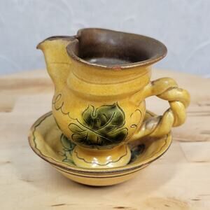 Vintage SN Liechtenstein Mini Pitcher Bowl Set Yellow Floral Stoneware Handmade